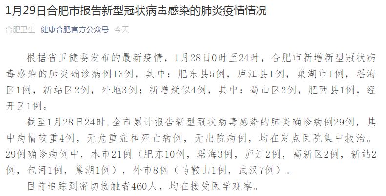 安徽合肥报告新增新型冠状病毒肺炎确诊病例 疫情防控措施全面加强 安徽合肥报告新增新型冠状病毒肺炎确诊病例 疫情防控措施全面加强