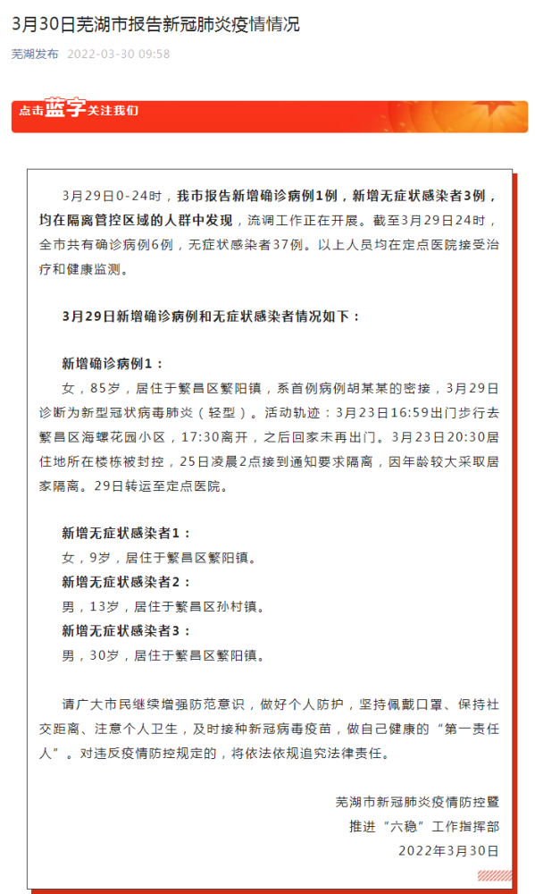 芜湖新增1例本土确诊病例,详细行程轨迹公布 芜湖新增1例本土确诊病例,详细行程轨迹公布